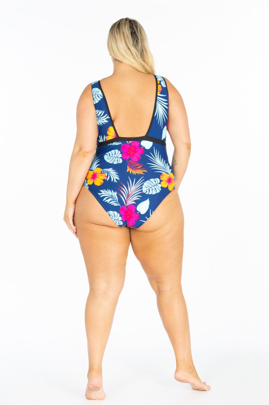Plus Size One Piece Mesh V Cut Front Strappy Back